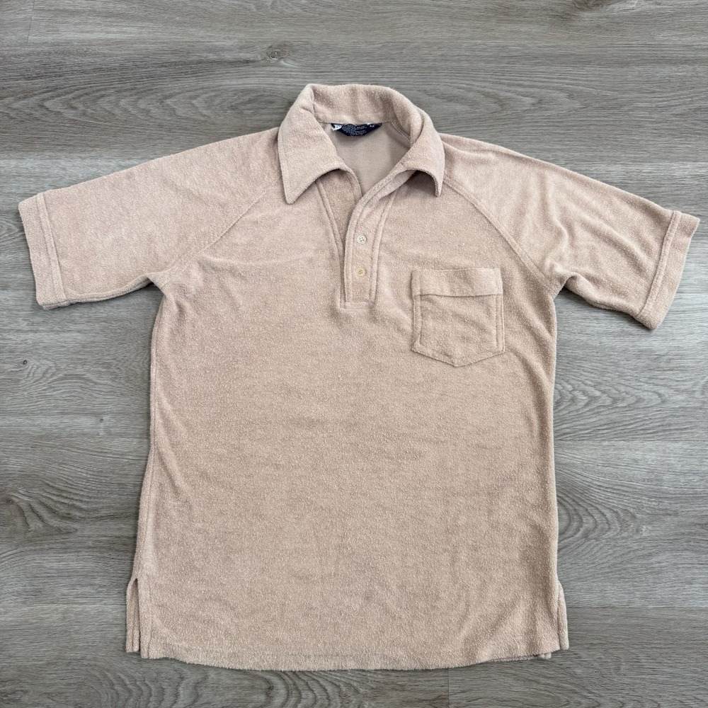 Vintage 70s JC Penney Terry Cloth Polo Shirt Mens M Tan Brown Raglan
